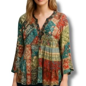 Papa Womens Patchwork Embroidery Abstract Top Multicolor Long Sleeves Medium